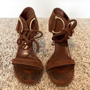 Gucci Brown Suede Horse Bit Tie Sandals